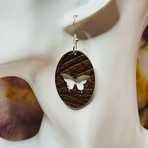 Butterfly cutout earrings oval gold and brown embossed leather handmade